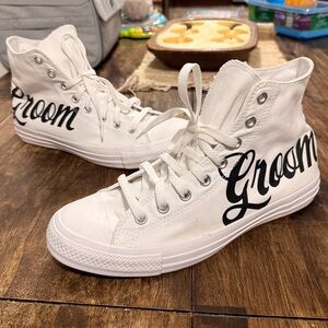 White High Top Sneakers - Groom Wedding Shoes Honeymoon Mens Size 10.5